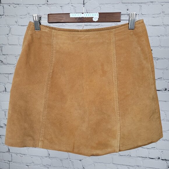 Kathy Ireland Tan Brown Genuine Suede Leather Lined Side Zip Mini Skirt Size 8 - Picture 8 of 11